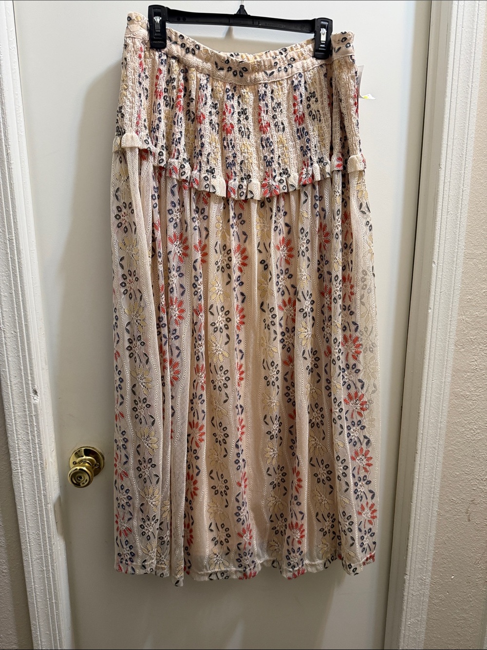 Tiered Floral Maxi Skirt in Cream with Coral & Navy
